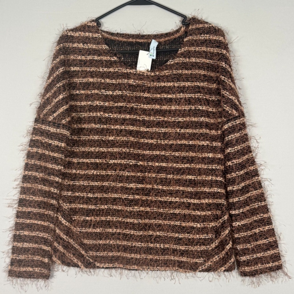 Italiagogo Striped Eyelash Knit Sweater Women Small Brown NWT Y2K Fuzzy Pullover